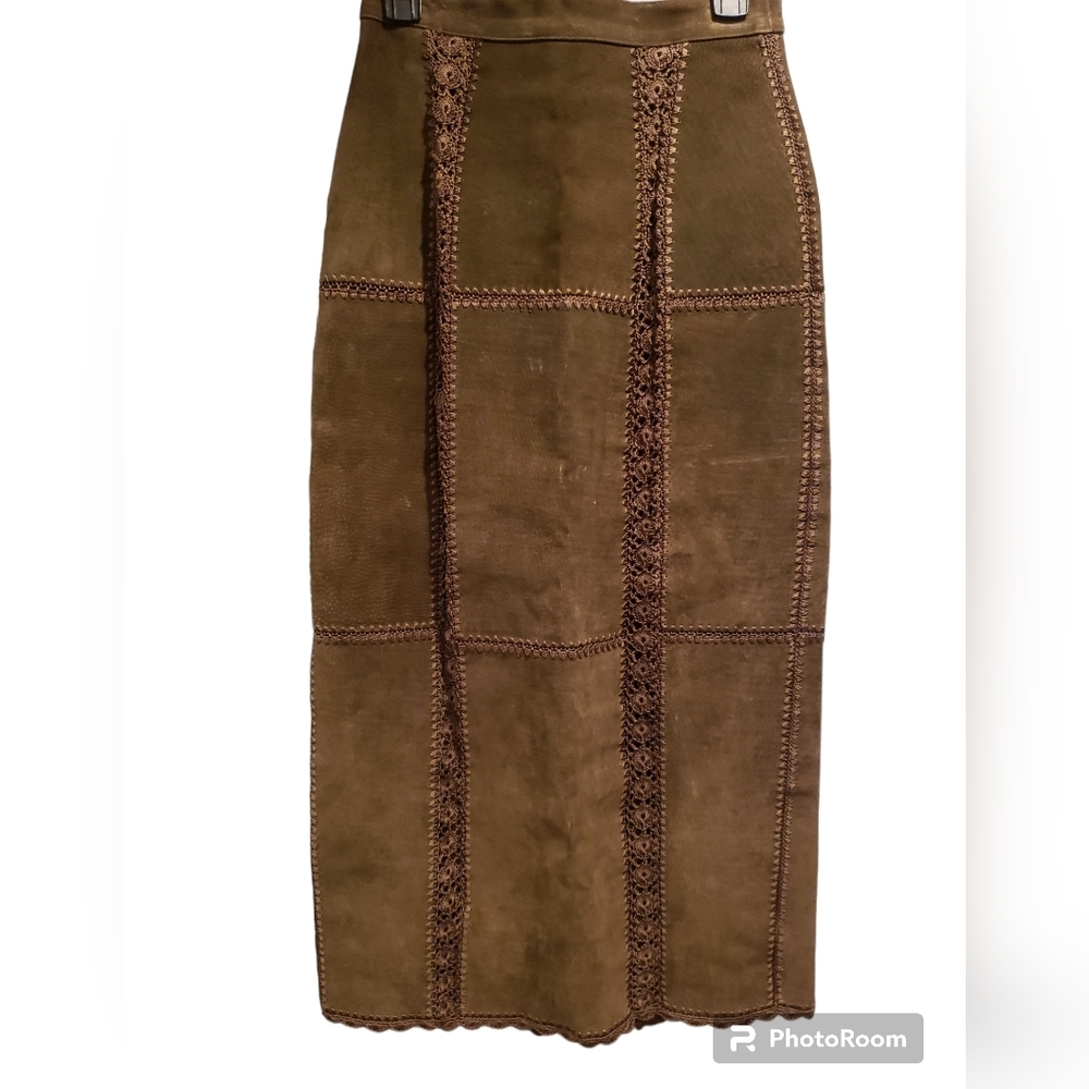 Vintage S.M.H. Green Paneled Leather Skirt with Lace Embroidery Size 6